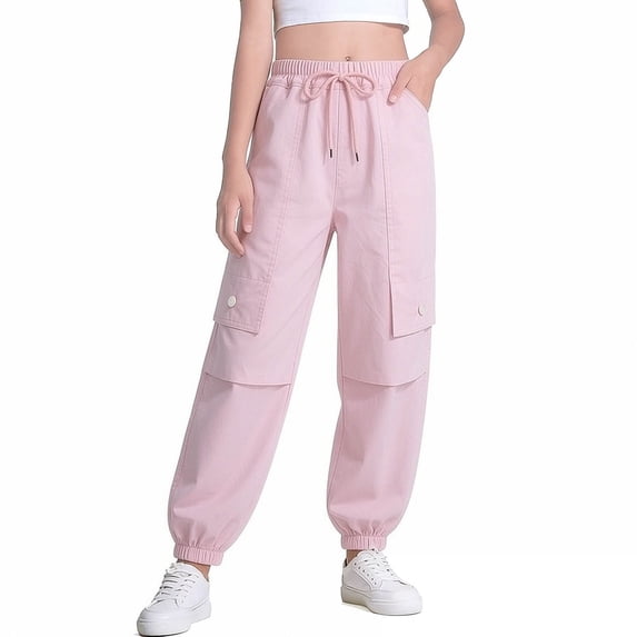 WPPGONE Teen Girls High Waisted Cargo Jogger Pants Multi Pockets Relaxed Fit Baggy Trousers Elastic Waist Drawstring Active Workout Running Outdoor Streetwear Casual Bottoms