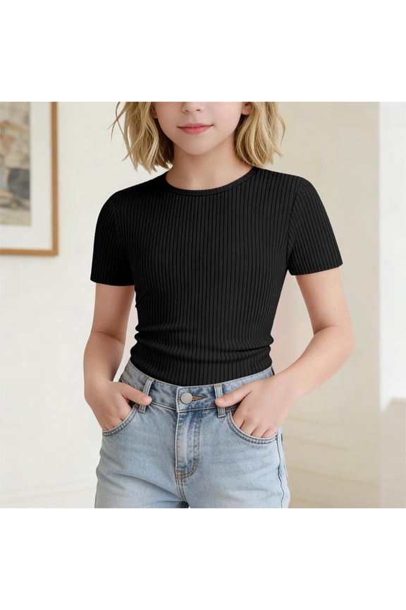 Teen Tween Girls Ribbed Knit T Shirt Crewneck Short Sleeve Slim Fit Tops Solid Color Stretchy Basic Tee Casual Summer Daily Wear Active Shirts Apparel Clothes