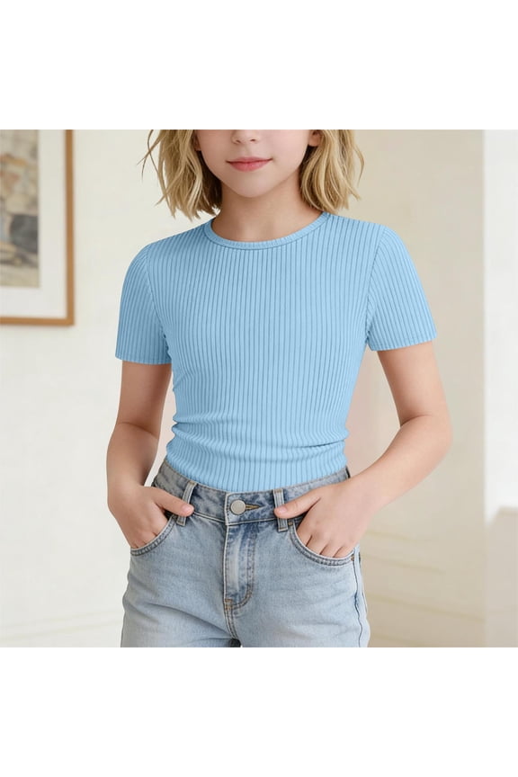 Teen Tween Girls Ribbed Knit T Shirt Crewneck Short Sleeve Slim Fit Tops Solid Color Stretchy Basic Tee Casual Summer Daily Wear Active Shirts Apparel Clothes