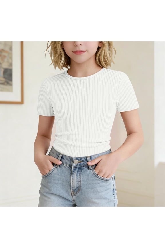Teen Tween Girls Ribbed Knit T Shirt Crewneck Short Sleeve Slim Fit Tops Solid Color Stretchy Basic Tee Casual Summer Daily Wear Active Shirts Apparel Clothes
