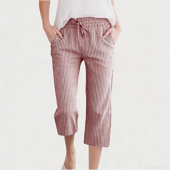 WPPGONE Toddler Girls Cotton Linen Cropped Pants Lightweight Elastic Waist Capri Vertical Striped Summer Trousers with Drawstring Breathable Casual Capris