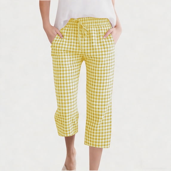 WPPGONE Toddler Girls Plaid Capri Linen Pants Gingham Elastic Waist Summer Capris with Drawstring Breathable High Waist Everyday Trousers