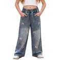 thumbnail image 1 of WPPGONE Toddler Girls Wide Leg Jeans Little Kids Loose Denim Pants Fashion Bow Embroidery Elastic Waist Relaxed Fit Breathable Cotton Everyday Casual Trousers, 1 of 9