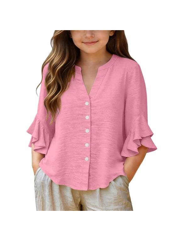 Tween Girls Casual Blouse V Neck Ruffle Bell Sleeve Summer Tops Button Down Front Flowy Loose Fit Basic Shirts Classic Daily Holiday Party School Wardrobe Clothes