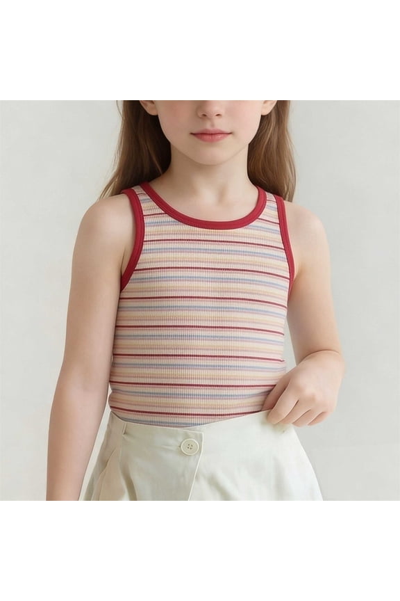 Tween Girls Striped Pattern Tank Top Sleeveless High Neck Casual Summer Shirts Contrast Binding Basic Camisole Ribbed Knit Daily Vacation Wear Outfits