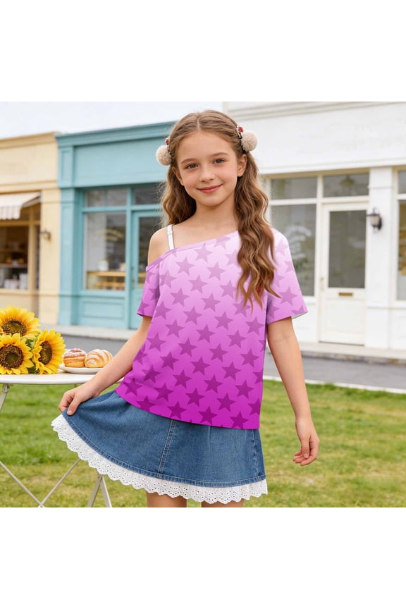 Tween Girls Tee Short Sleeve Cold One Shoulder Asymmetrical Tops Star Print Ombre Gradient Pattern Casual Shirts Summer Trendy Streetwear Daily Playwear Clothes