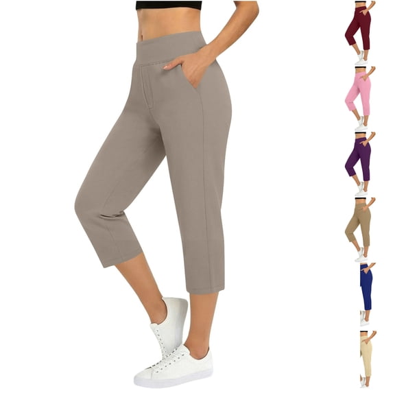WPPGONE Womens Golf Capri Pants with Pockets Tummy Control Straight Leg Stretchy Elastic Waisted Bottoms Work Travel Dress Casual Trousers