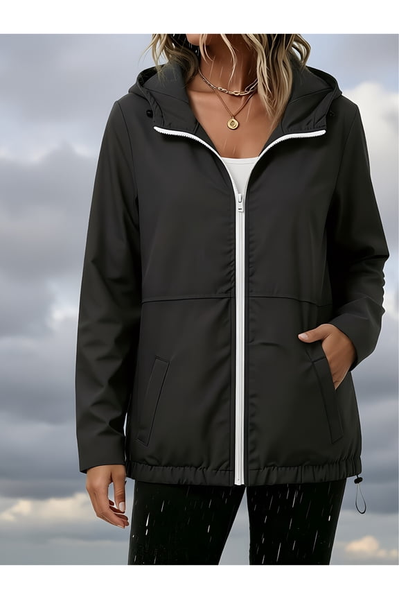 Womens Windbreaker Jacket Hooded Water-Repellent Hem Drawstring Zip Up Long Sleeve Coat Outdoor Autumn Winter Fashion Casual Jacket with Pockets