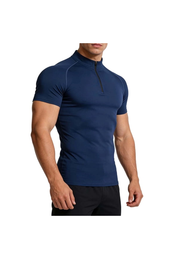 Workout Shirts for Men Quick Dry Short Sleeve Quarter Zip Mock Neck Tops Fitness Solid Summer Athletic Gym Muscle Running Compression Tee