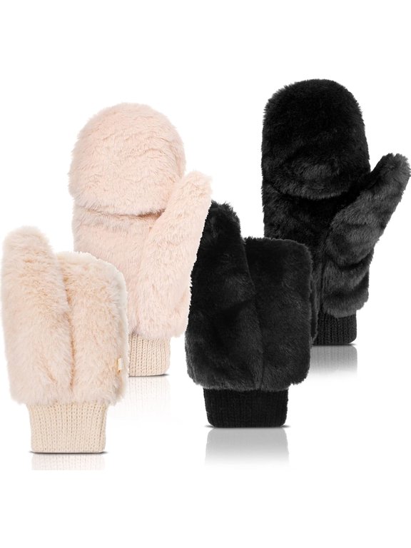 Faux Fur Mittens Fingerless Gloves Convertible Gloves Fluff Winter Warm Soft Half Finger Fuzz Mittens for Women Black, White