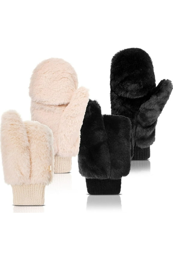 Faux Fur Mittens Fingerless Gloves Convertible Gloves Fluff Winter Warm Soft Half Finger Fuzz Mittens for Women Black, White