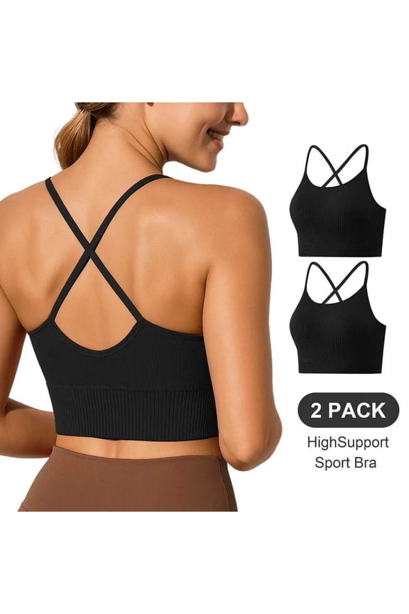 2 Pack Sports Bras for Women Crisscross Back Ribbed Knit Crop Top High Support Wirefree Padded Workout Yoga Bra Comfortable Athletic Tank Top for Gym Running Training