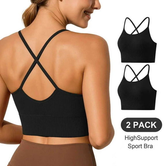 WQD 2 Pack Sports Bras for Women Crisscross Back Ribbed Knit Crop Top High Support Wirefree Padded Workout Yoga Bra Comfortable Athletic Tank Top for Gym Running Training