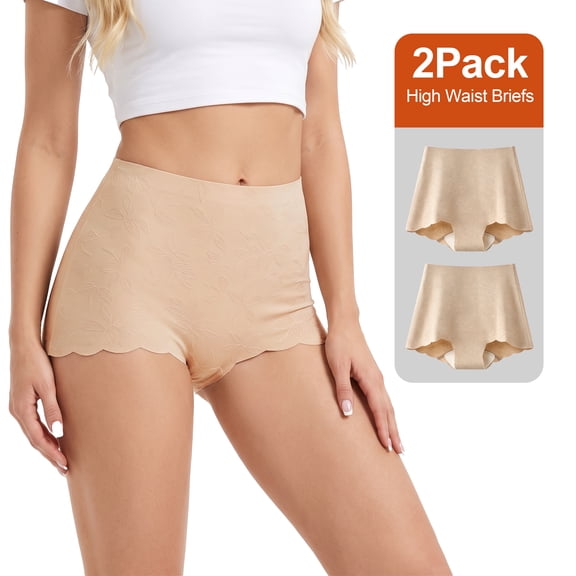WQD 2 Pack Women's High Waisted Seamless Panties Tummy Control Full Coverage No Show Underwear Soft Stretch Breathable Invisible Briefs Floral Jacquard Everyday Panties m-4xl Plus Size