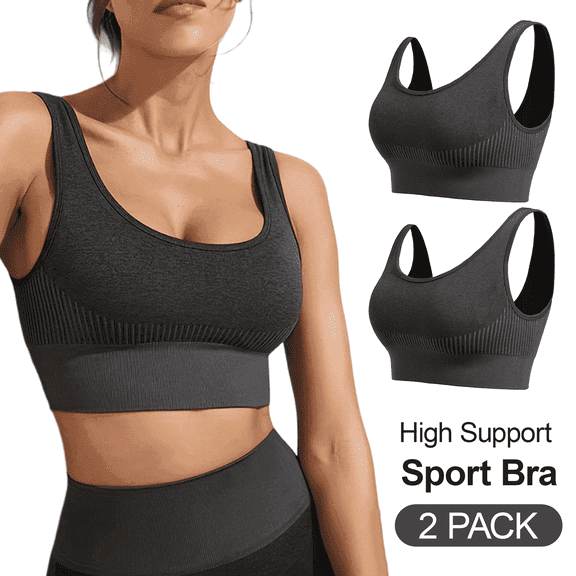 WQD 2 Pack Women’s Sports Bras High Support Wirefree Seamless Workout Bra Padded High Impact Yoga Bra for Running Gym Fitness Training