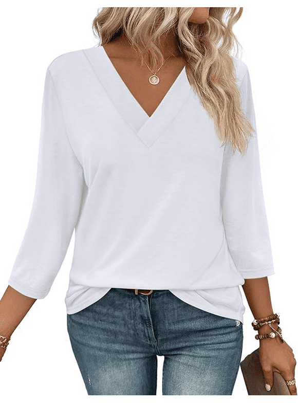 3/4 Length Sleeve Womens Tops V Neck Casual Tunic Shirts Basic T shirt Loose Fit Blouse Fashion Clothes Trendy Outfits for Fall Winter Spring