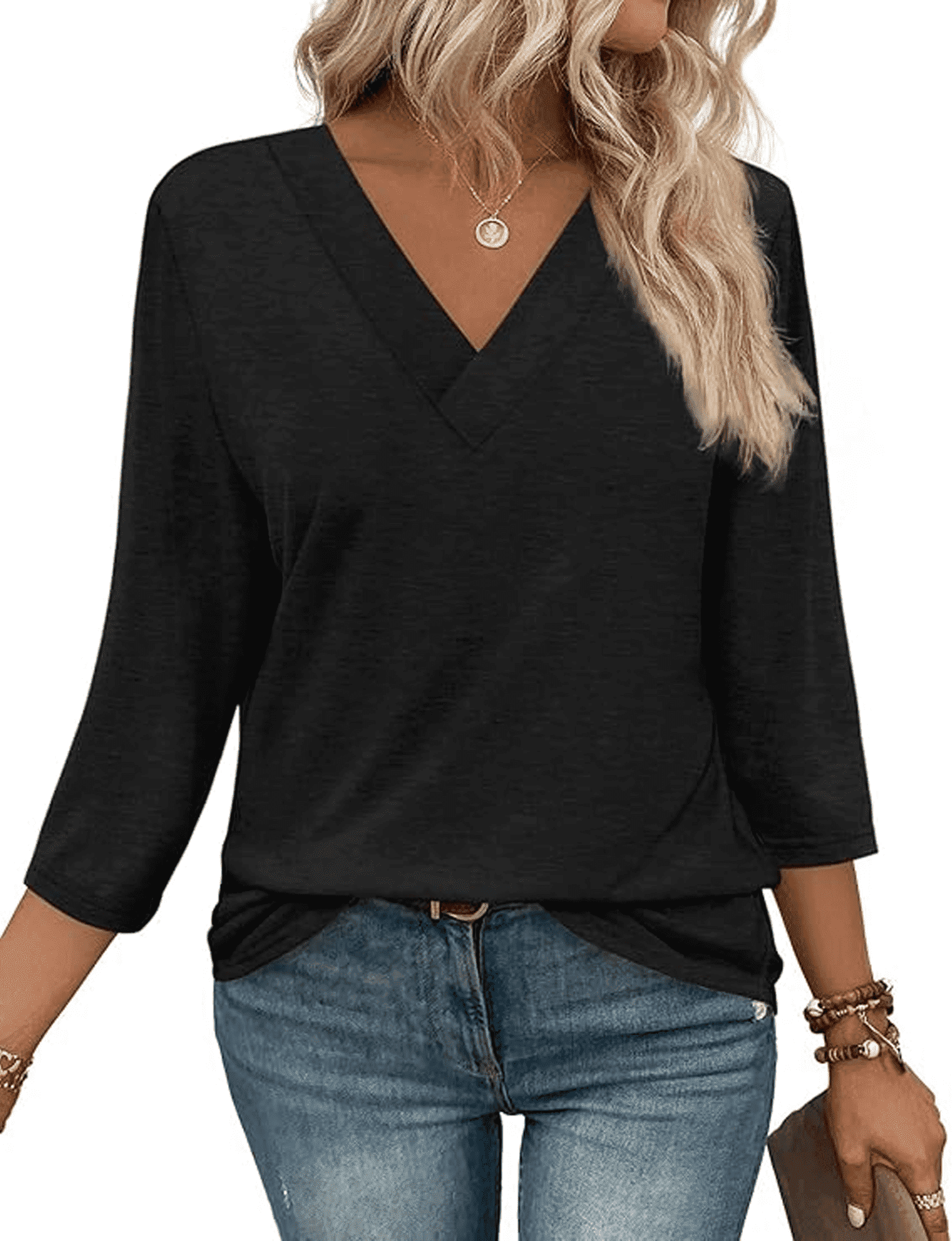 WQD 3/4 Length Sleeve Womens Tops V Neck Casual Tunic Shirts Basic T ...
