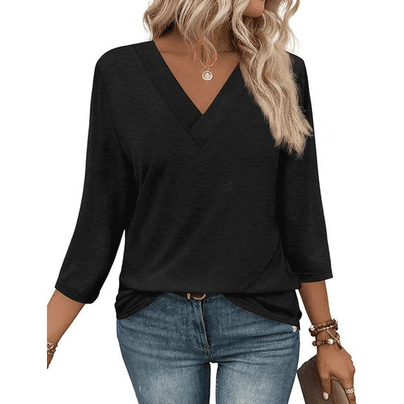WQD 3/4 Length Sleeve Womens Tops V Neck Casual Tunic Shirts Basic T shirt Loose Fit Blouse Fashion Clothes Trendy Outfits for Fall Winter Spring