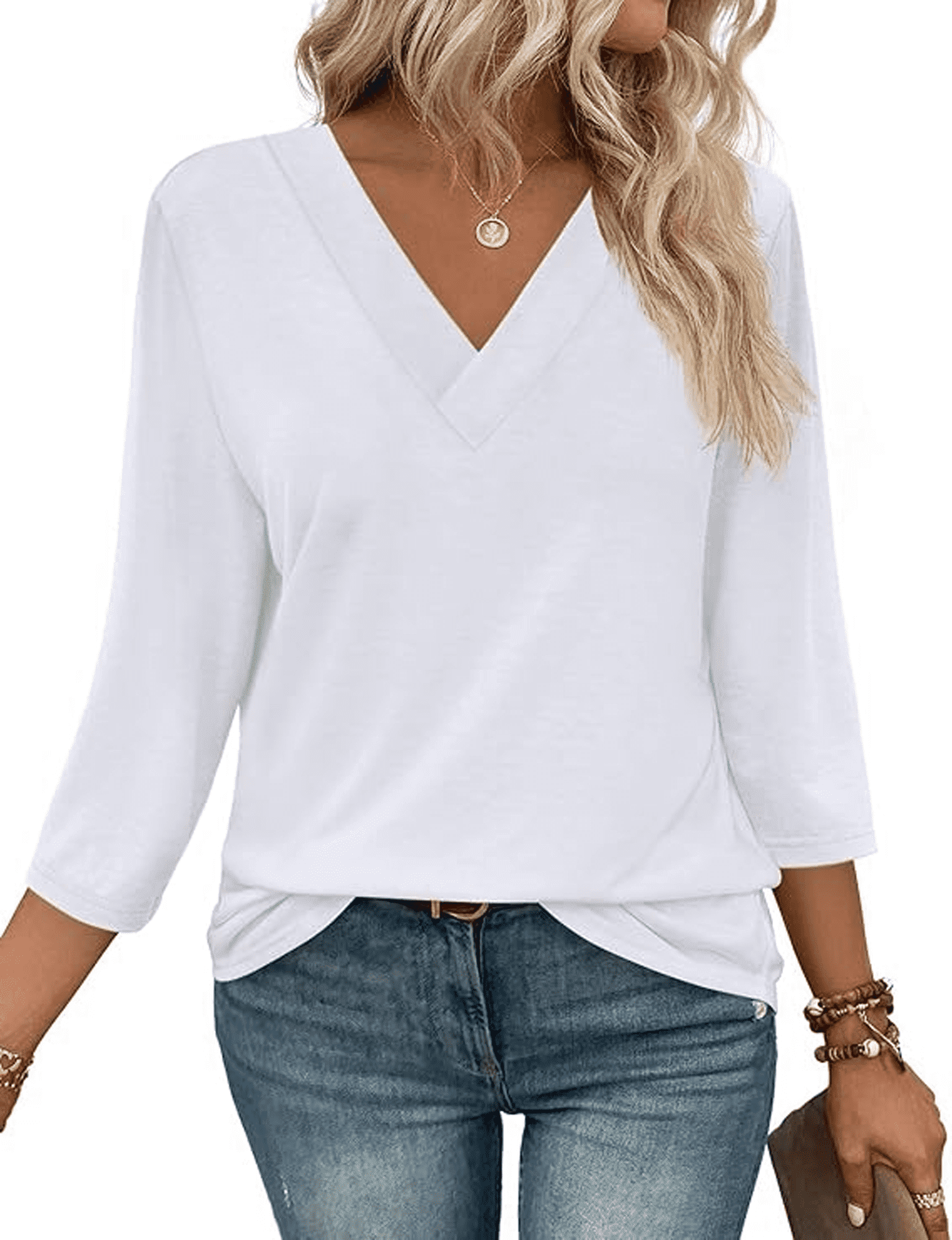WQD 3/4 Length Sleeve Womens Tops V Neck Casual Tunic Shirts Basic T ...