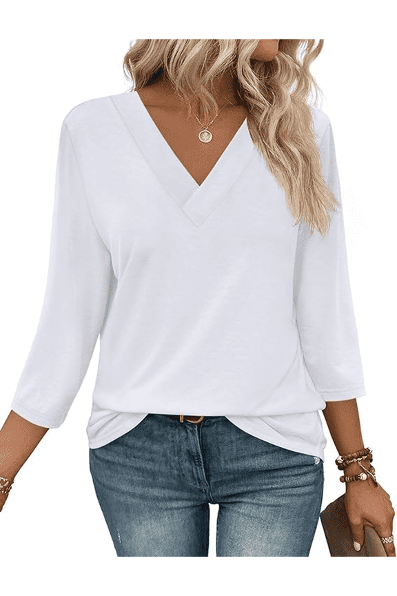 3/4 Length Sleeve Womens Tops V Neck Casual Tunic Shirts Basic T shirt Loose Fit Blouse Fashion Clothes Trendy Outfits for Fall Winter Spring