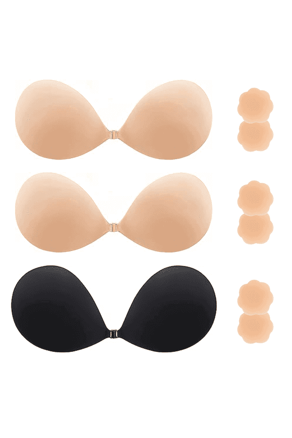 3 Pairs Backless Bra, Sticky Bra, Reusable Adhesive Bra, Strapless Bras for Women, Push Up Backless Strapless Bra for Backless Dress Top, Adhesive Invisible Lift Up Bras with Nipple Covers