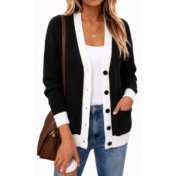 WQD Cardigan Sweaters for Women Button up Long Sleeve Knit Cardigan with Contrast Trim and Pockets for Spring Fall Winter