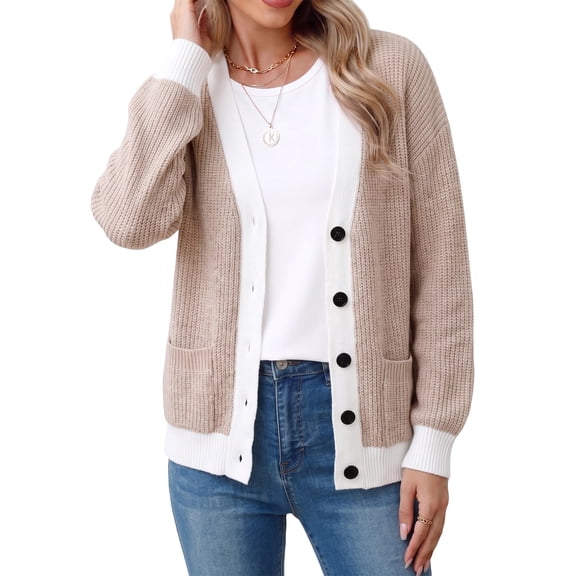 WQD Cardigan Sweaters for Women Button up Long Sleeve Knit Cardigan with Contrast Trim and Pockets for Spring Fall Winter