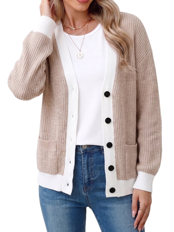 Cardigan Sweaters for Women Button up Long Sleeve Knit Cardigan with Contrast Trim and Pockets for Spring Fall Winter