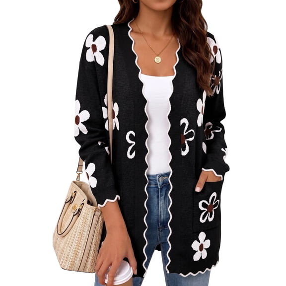 WQD Cardigans for Women Floral Knit Cardigan Long Sleeve Open Front Sweater with Pockets Casual Layering Jacket for Spring Fall Winter