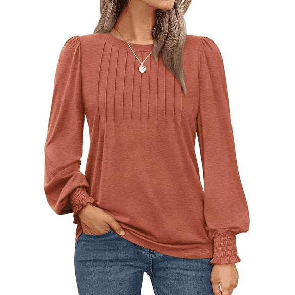 WQD Womens Long Sleeve Shirts Pleated Crewneck Tops Business Casual Blouses Fashion Dressy Smocked Cuffs Pullover Fall Spring Winter