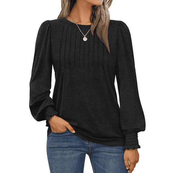 WQD Womens Long Sleeve Shirts Pleated Crewneck Tops Business Casual Blouses Fashion Dressy Smocked Cuffs Pullover Fall Spring Winter