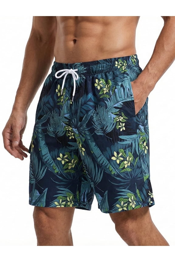 Men’s Swim Trunks Quick Dry Board Shorts with Mesh Lining and Pockets Elastic Waist Drawstring Beach Shorts Tropical Floral Cargo Breathable Swimwear Bathing Suits for Swimming Surfing Vacation