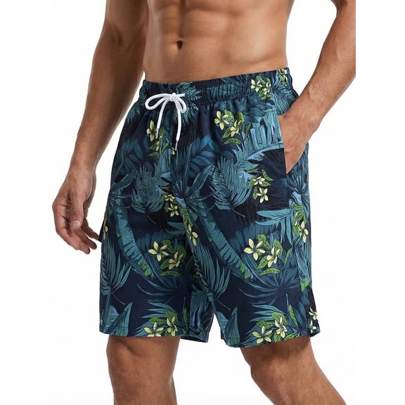 WQD Men’s Swim Trunks Quick Dry Board Shorts with Mesh Lining and Pockets Elastic Waist Drawstring Beach Shorts Tropical Floral Cargo Breathable Swimwear Bathing Suits for Swimming Surfing Vacation