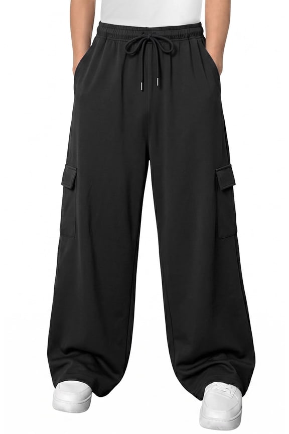 Mens Cargo Sweatpants Baggy Gym Sweat Pants Drawstring Wide Leg Casual Lounge Pants with Pockets