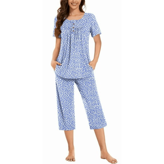 WQD Womens Pajama Sets 2 Piece Lounge Sets Soft Loungewear Comfy Pj Sets Henley Neck Short Sleeve Top and Capri Pants Loose Sleepwear with Pockets
