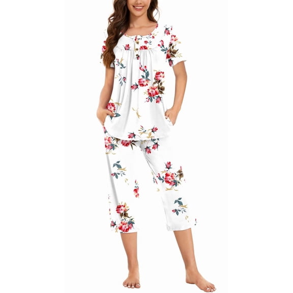 WQD Womens Pajama Sets 2 Piece Lounge Sets Soft Loungewear Comfy Pj Sets Henley Neck Short Sleeve Top and Capri Pants Loose Sleepwear with Pockets