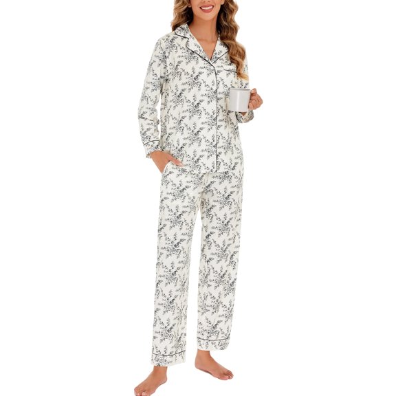 WQD Pajamas for Women 2 Piece Set Long Sleeve Button Front Pajama Set Soft Printed Sleepwear with Wide Leg Pants and Pockets
