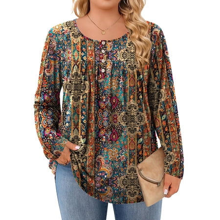 WQD Plus Size Boho Blouse for Women Long Sleeve Casual Loose Fit Tops Vintage Floral Print Tunic Shirt Fall Winter Clothing