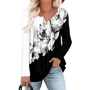 WQD Womens Long Sleeve Shirts Dressy Casual Floral Blouses Loose Tunic Tops for Fall Winter Spring (Available in Plus Size)
