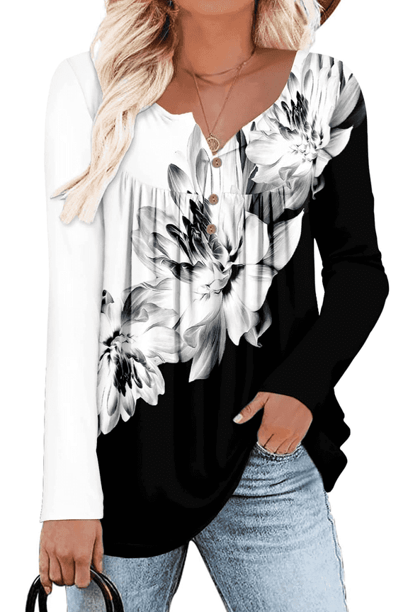 Womens Long Sleeve Shirts Dressy Casual Floral Blouses Loose Tunic Tops for Fall Winter Spring (Available in Plus Size)