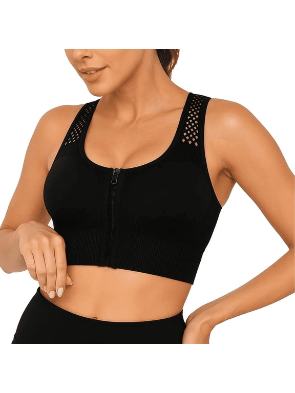 Sports Bra for Women Zip Front High Support Wireless Padded Strappy Black Mesh Back Athletic Yoga Workout Bra