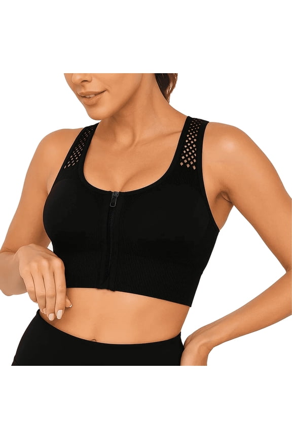 Sports Bra for Women Zip Front High Support Wireless Padded Strappy Black Mesh Back Athletic Yoga Workout Bra