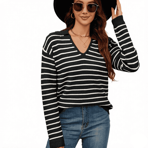 WQD Sweaters for Women Striped V Neck Collared Lightweight Knit Pullover Long Sleeve Casual Sweater for Spring Fall Winter