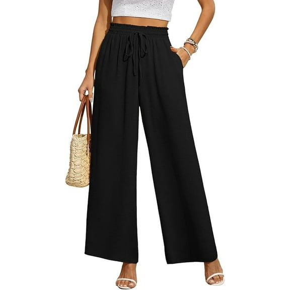 WQD Wide Leg Pant For Women Casual Flowy Dressy Palazzo Pants Adjustable Tie Knot Elastic Waist with Pockets