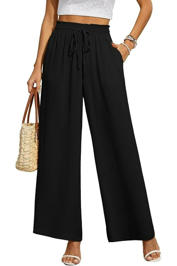 Wide Leg Pant For Women Casual Flowy Dressy Palazzo Pants Adjustable Tie Knot Elastic Waist with Pockets