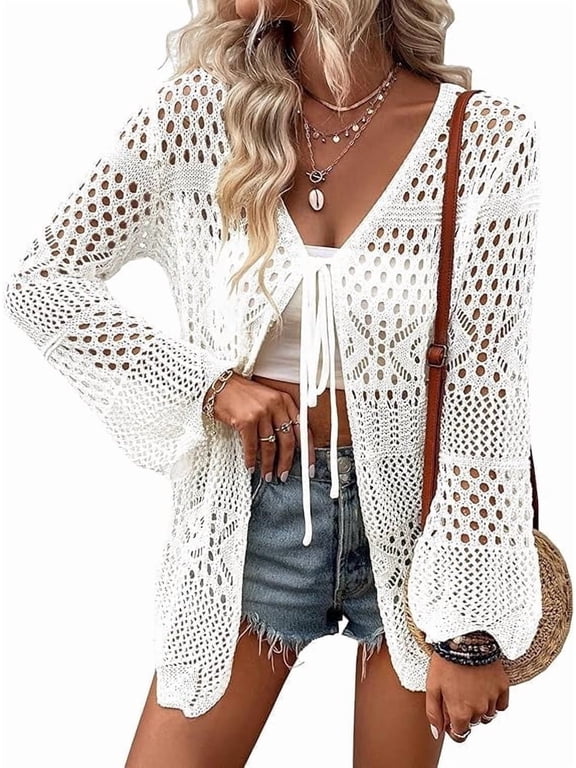 Women Crochet Cardigan for Summer Spring Fall, Lightweight Oversized Tie Front Hollow Out Long Sleeves Kimono Boho Knit Beach Cover Up with Swimsuit, Bikini, Bathing Suit