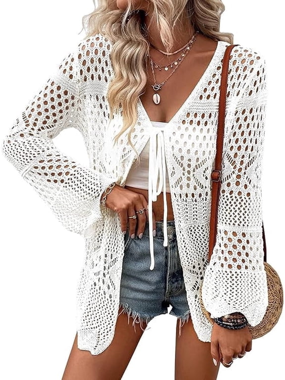Women Crochet Cardigan for Summer Spring Fall, Lightweight Oversized Tie Front Hollow Out Long Sleeves Kimono Boho Knit Beach Cover Up with Swimsuit, Bikini, Bathing Suit