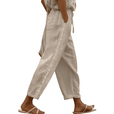 WQD Women Linen Pants Lightweight Casual Pants with Lace Side Drawstring Elastic Waist Trousers with Pocket