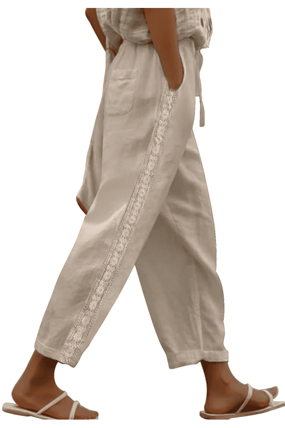 Women Linen Pants Lightweight Casual Pants with Lace Side Drawstring Elastic Waist Trousers with Pocket