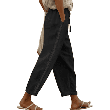 WQD Women Linen Pants Lightweight Casual Pants with Lace Side Drawstring Elastic Waist Trousers with Pocket